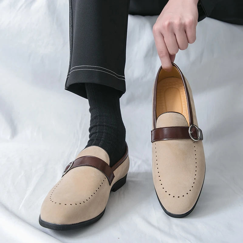 Soft Soled Buckle Frosted Leather Loafers