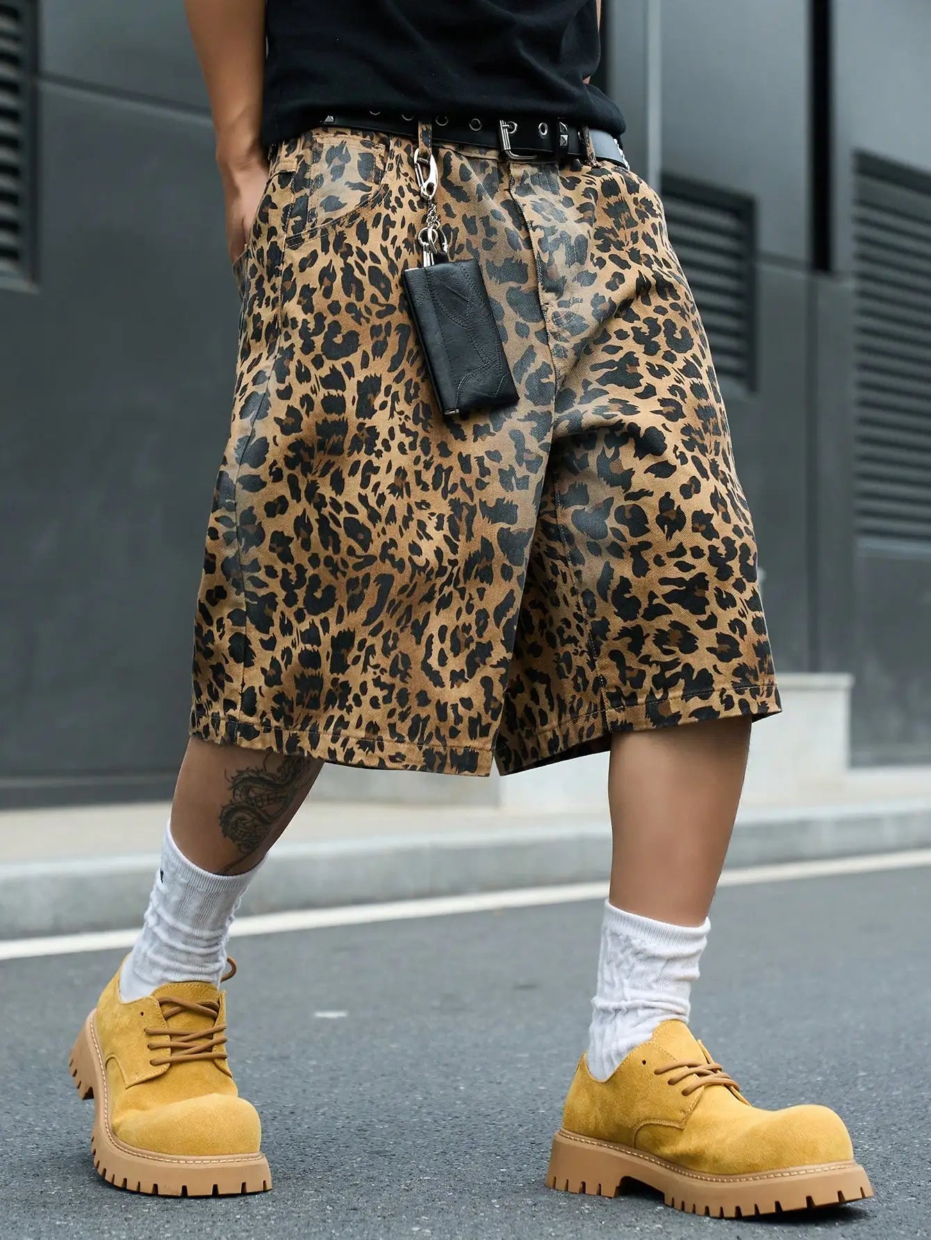 Leopard Print Baggy Denim Shorts