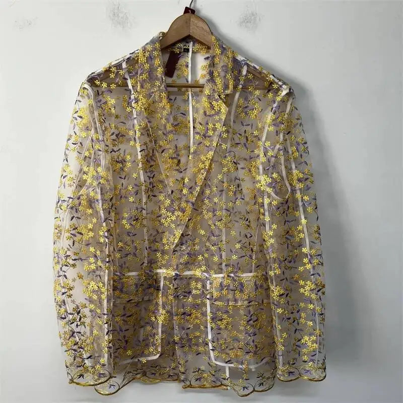 Yellow Purple Floral Embroidered Sheer Blazer