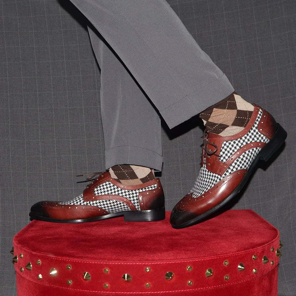 Patchwork Houndstooth Leather Brogue Shoes
