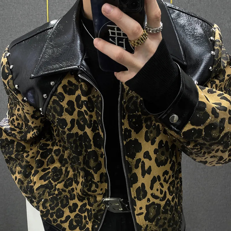 Leopard Rhinestone Spliced Leather Jacket