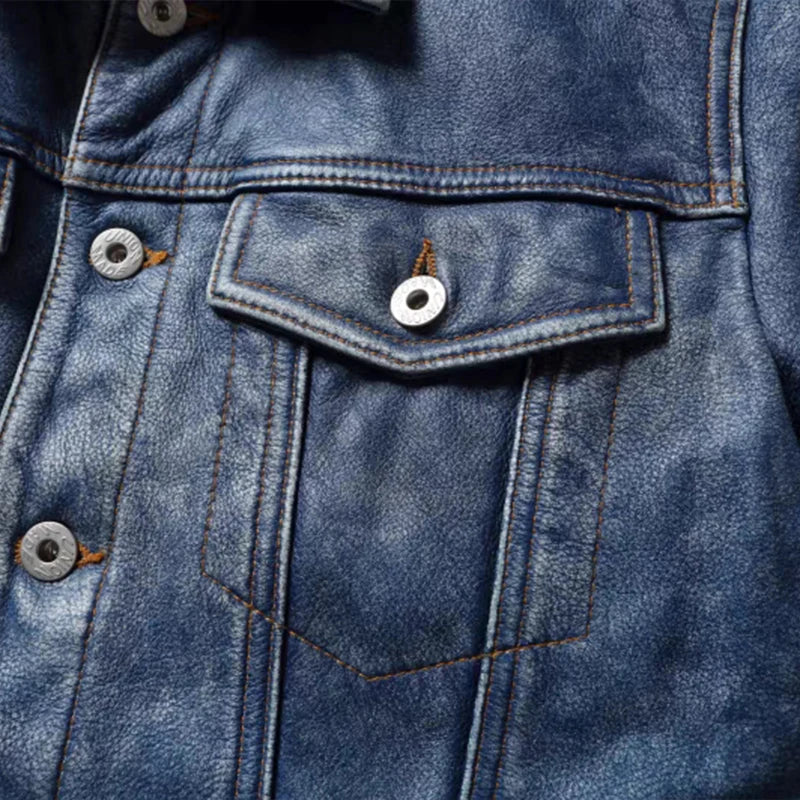 Light Blue Washed Denim Leather Jacket