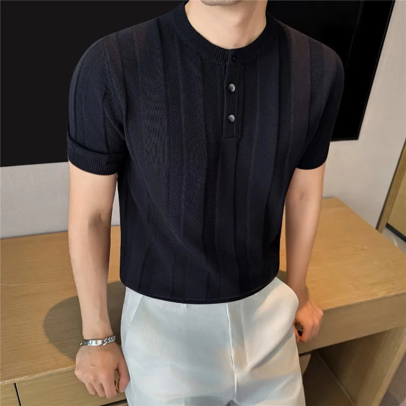 Summer Linen Blend Henry Collar T-Shirt