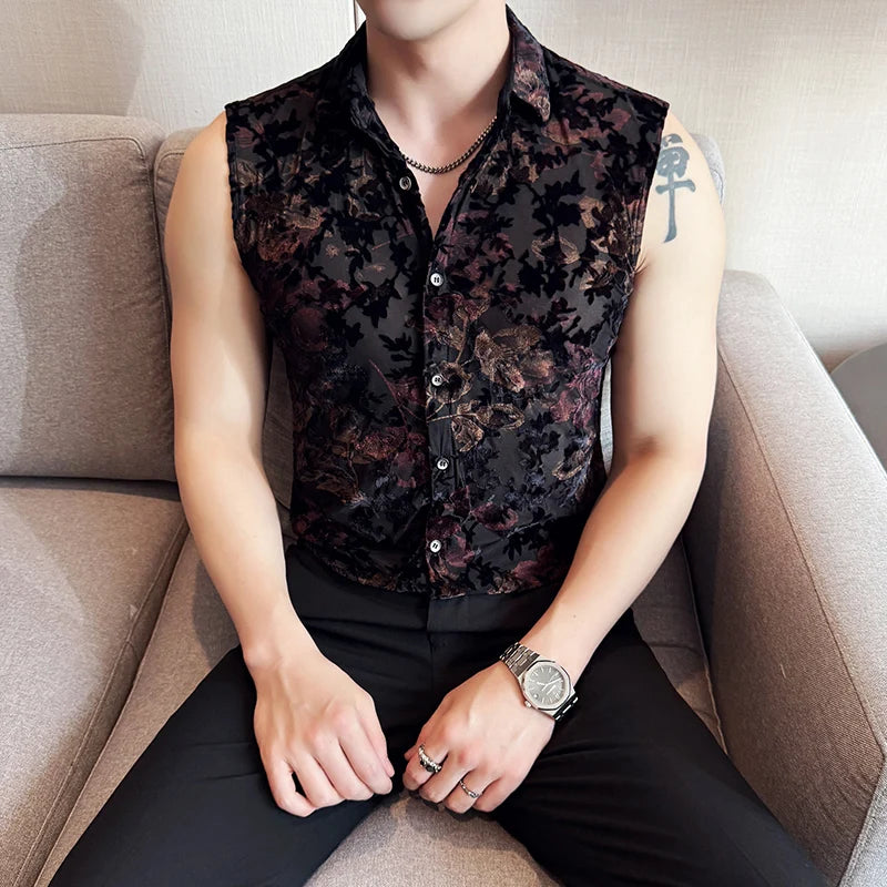 Floral Jacquard Mesh Sleeveless Shirt