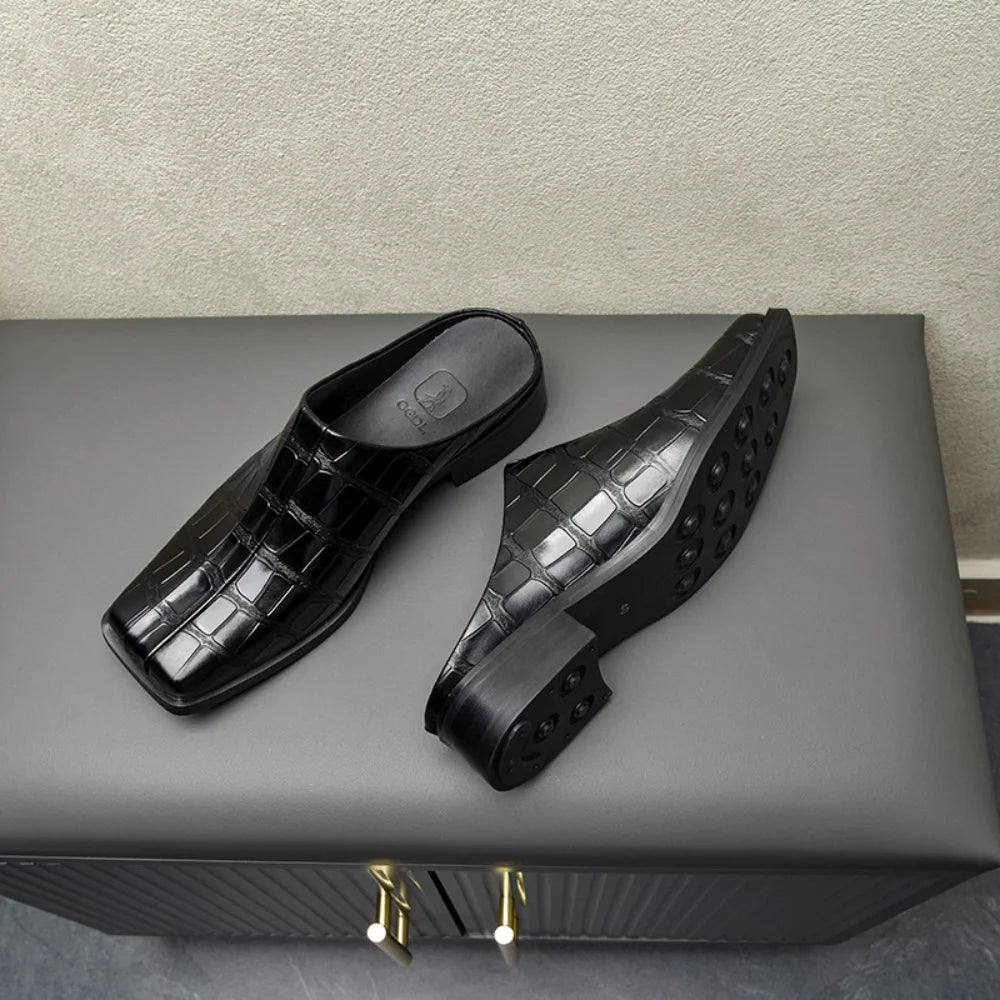 Square Toe Crocodile Skin Mules Shoes