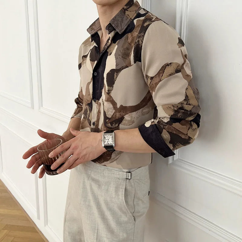 Brown Color Block Printed Shirt