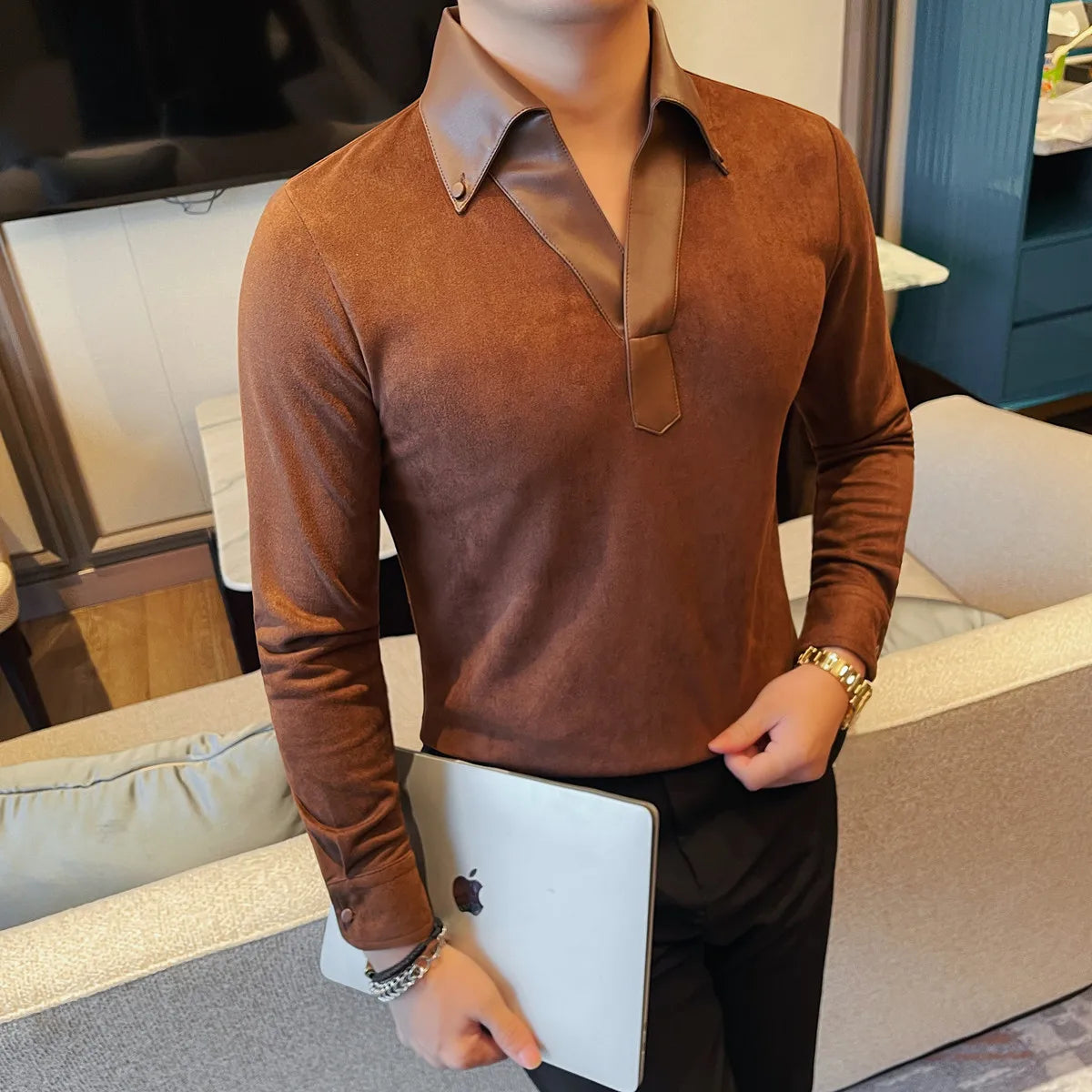 Leather Collar Long-Sleeved Polo Shirt