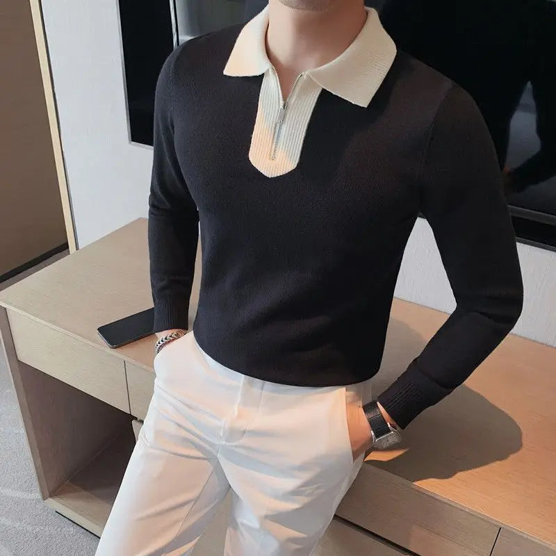 Lapel Half Zipper Long Sleeve Polo Shirt