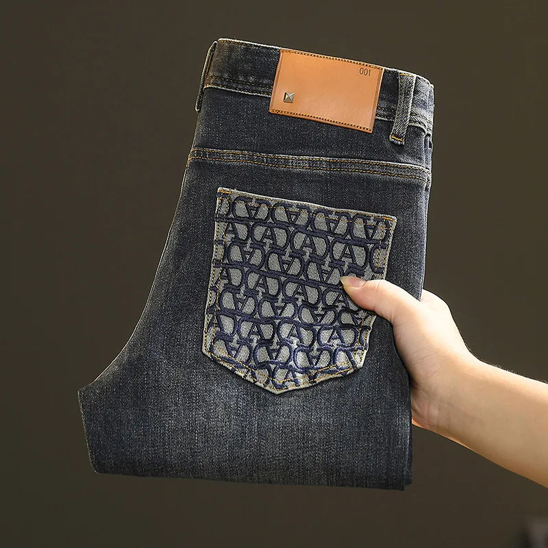 Embroidery Letter Pocket Blue Jeans