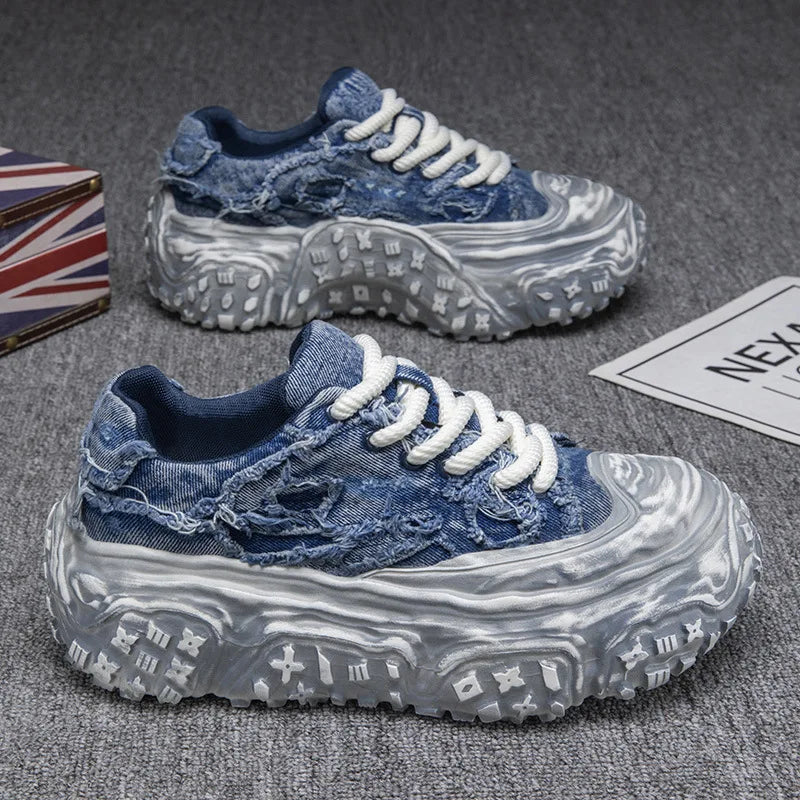 Geometric Distressed Denim Chunky Sneakers