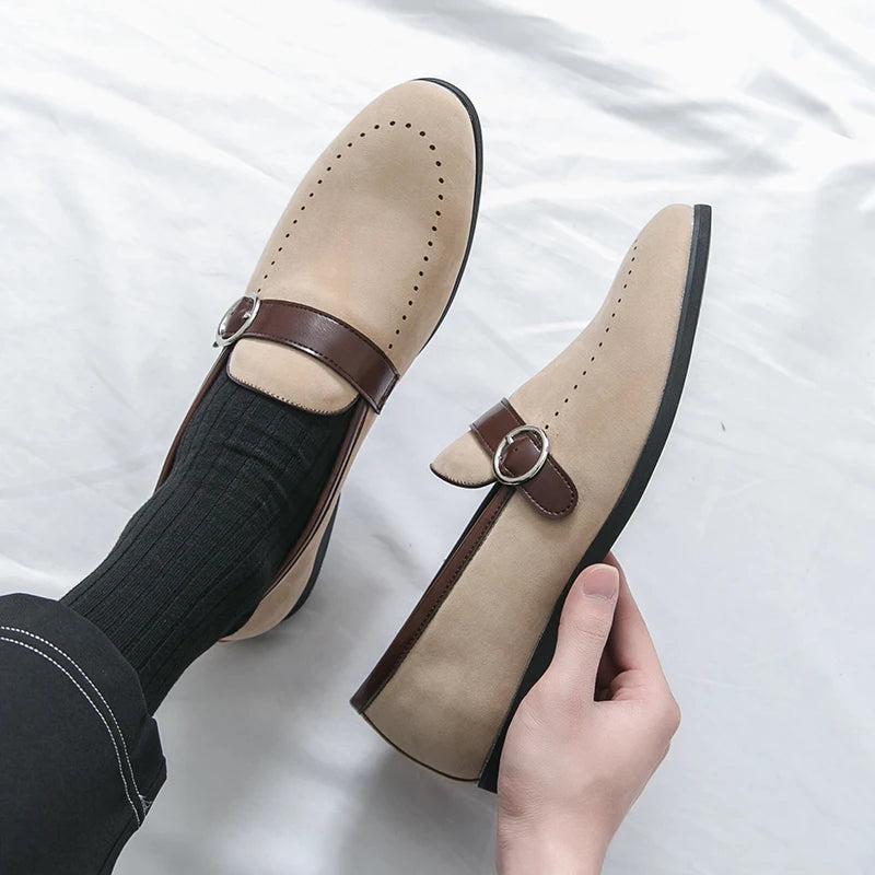 Soft Soled Buckle Frosted Leather Loafers