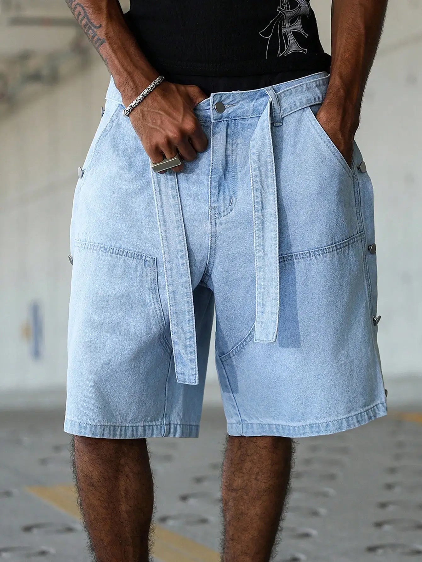 Side-Button Loose Denim Shorts
