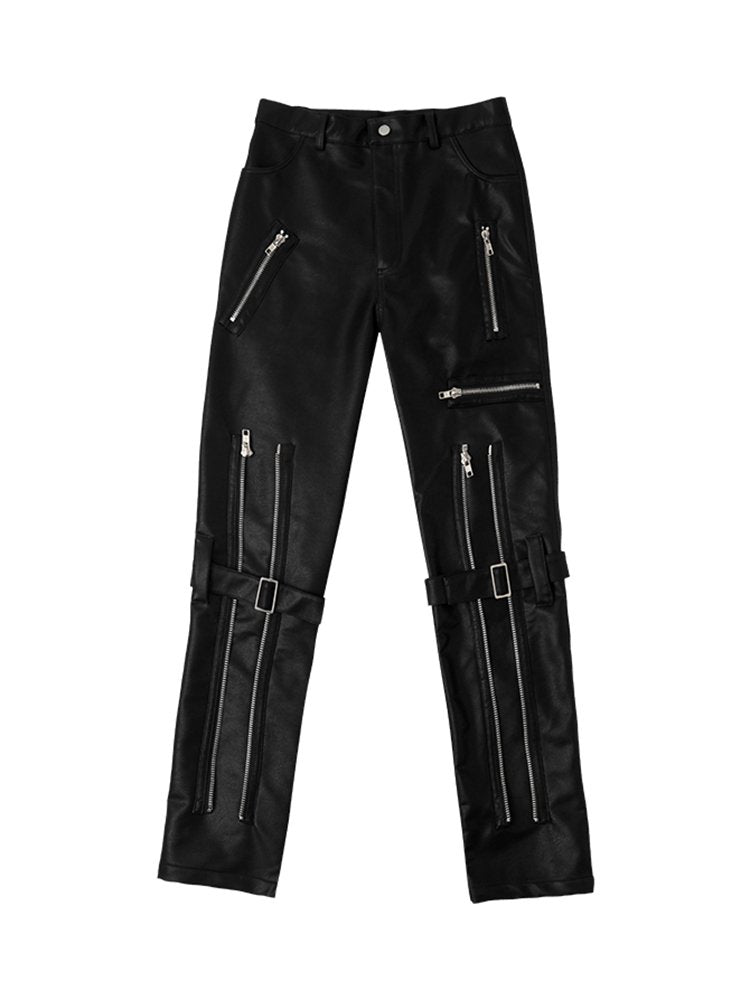 Multi-Zippers Belt Leather Pants