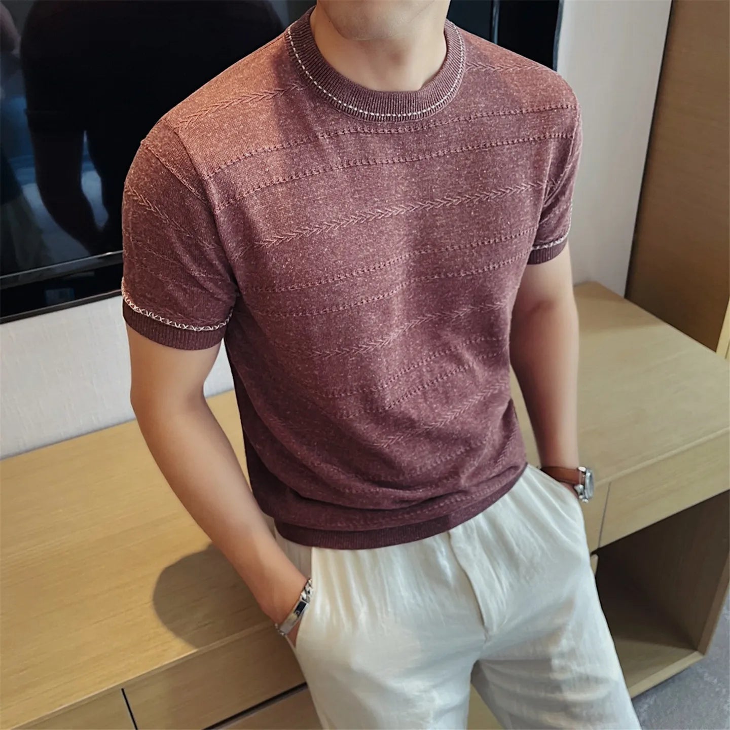 Textured Stripe Pattern Knit T-Shirt