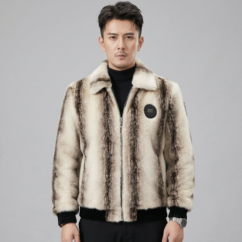 Fluffy Stripe Turn-down Collar Jacket