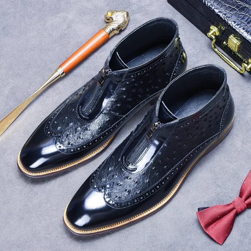 Ostrich Pattern Leather Wingtip Boots