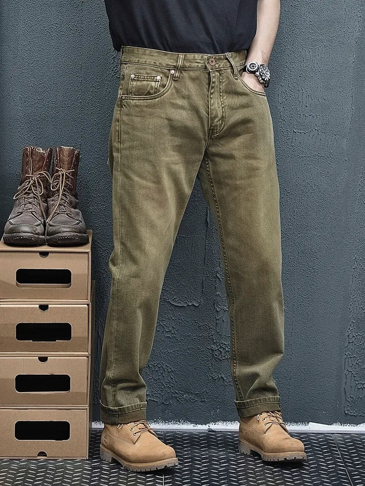 Retro Green Army Straight Denim Jeans