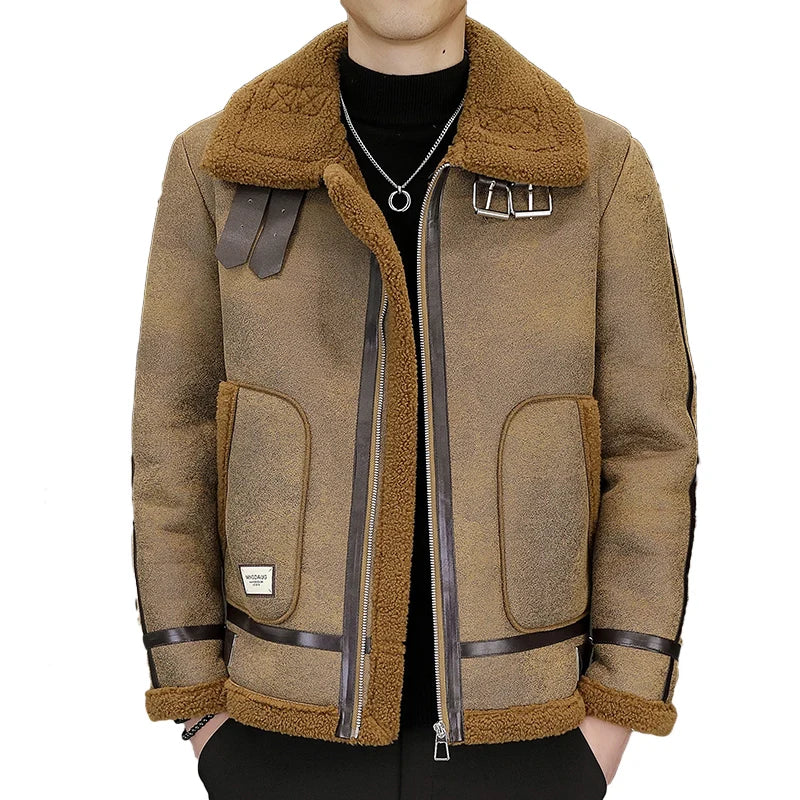 Lines Spliced Faux Fur Pockets Jacket