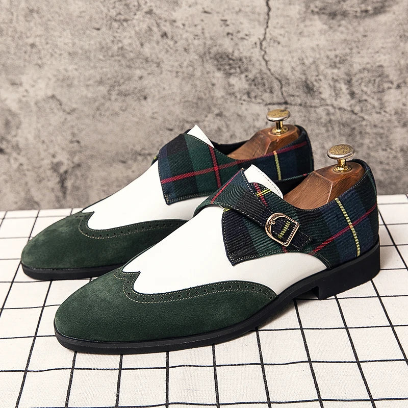 Plaid Suede Wingtip Monk Shoes