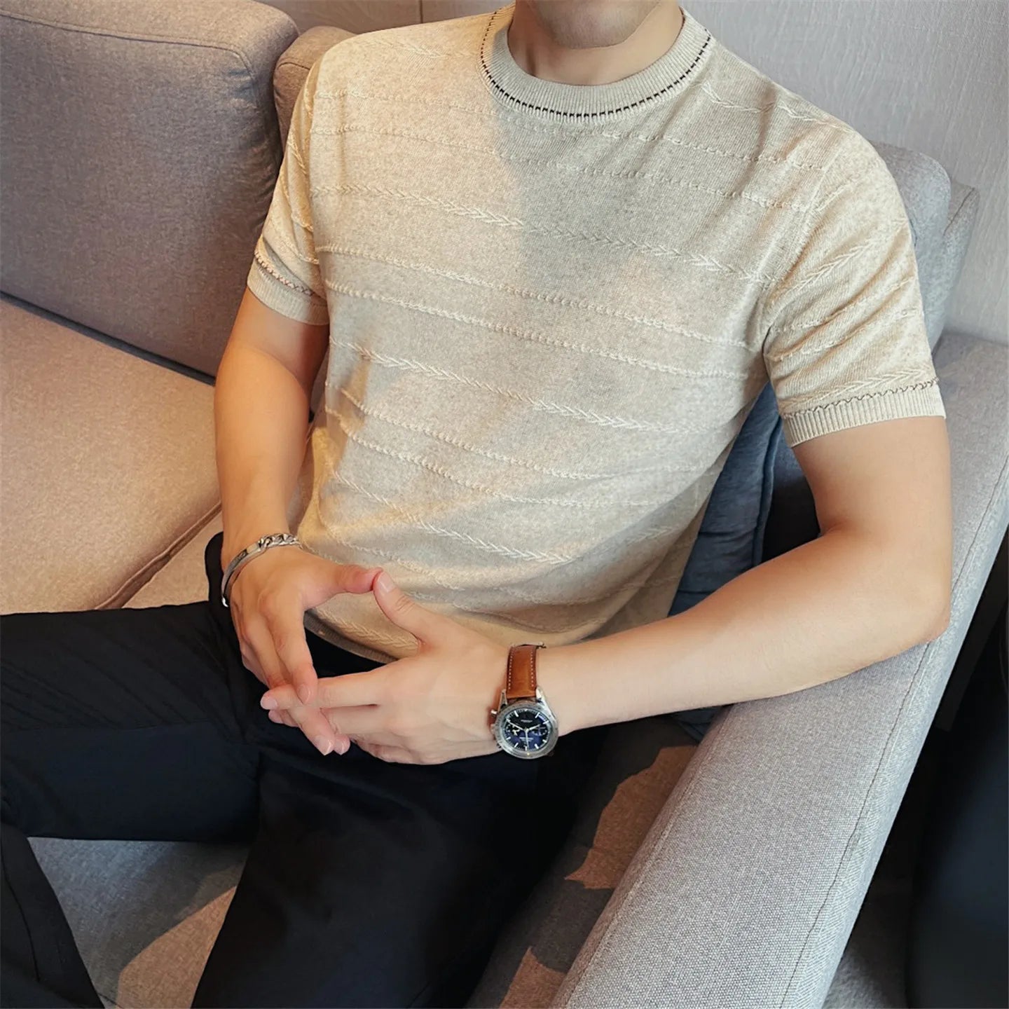 Textured Stripe Pattern Knit T-Shirt