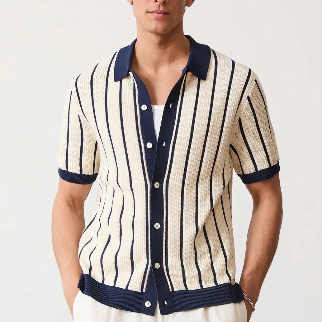 Striped Knit Short Sleeve Button Shirt