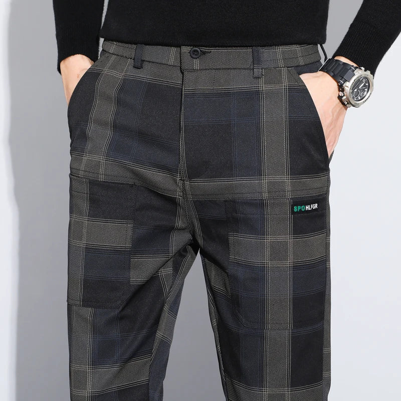 Plaid Check Pattern Straight Slim Pants