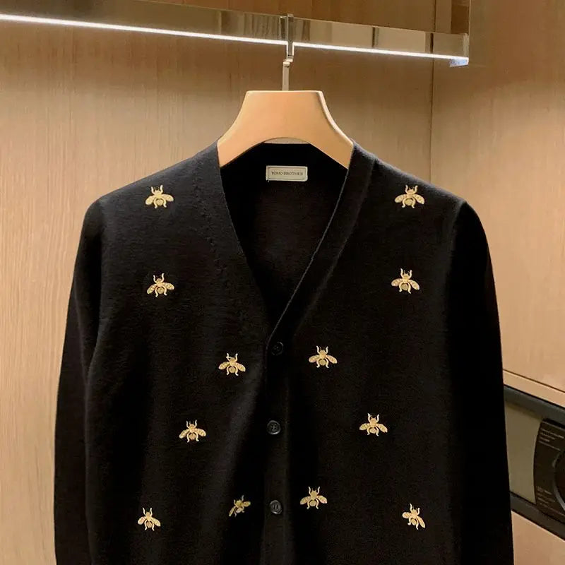 Embroidered Golden Bees V-Neck Cardigan