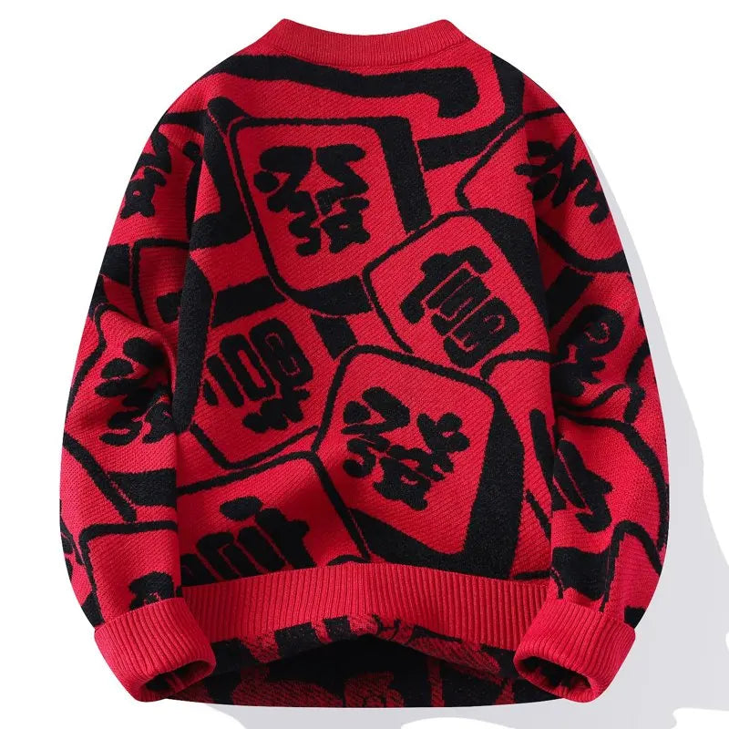 Chinese Letter O-Neck Loose Red Sweater