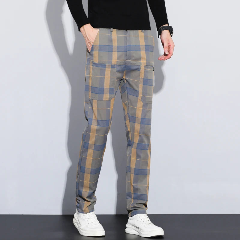 Plaid Check Pattern Straight Slim Pants