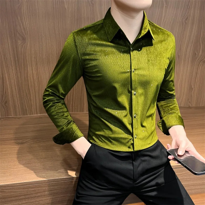 Solid Rhinestone Decoration Dress Shirt