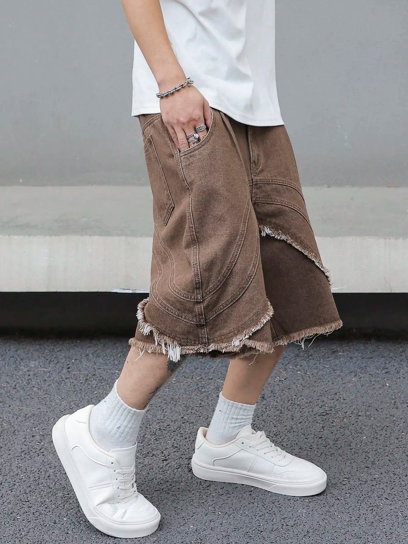 Fringe Design Brown Denim Shorts