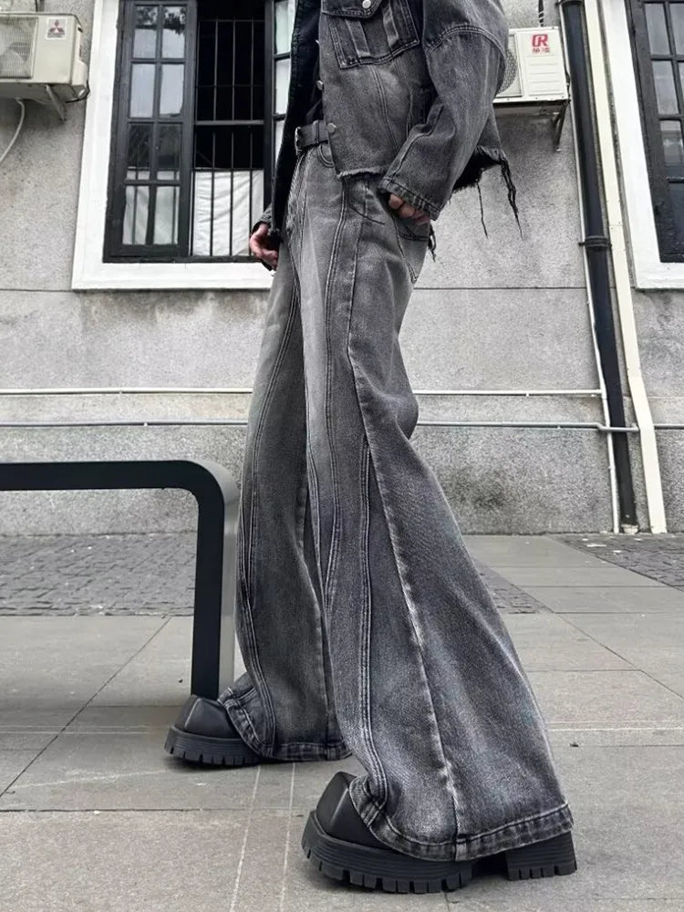 Y2K Streetwear Washed Grey Flare Jeans