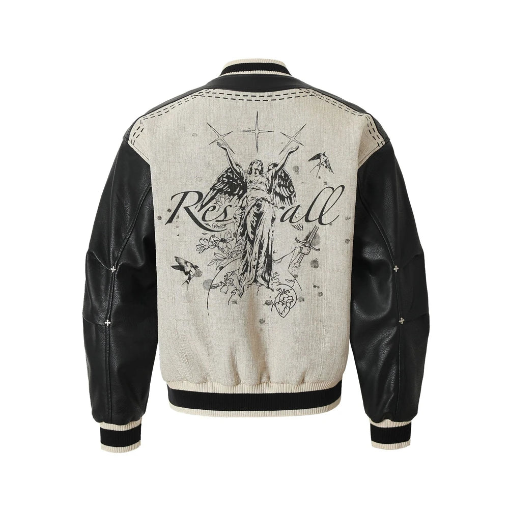 Vintage Sketch Motif Leather Varsity Jacket