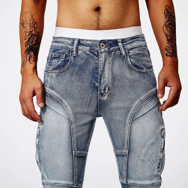 Two-Tone Zipper Slim-Fit Jeans