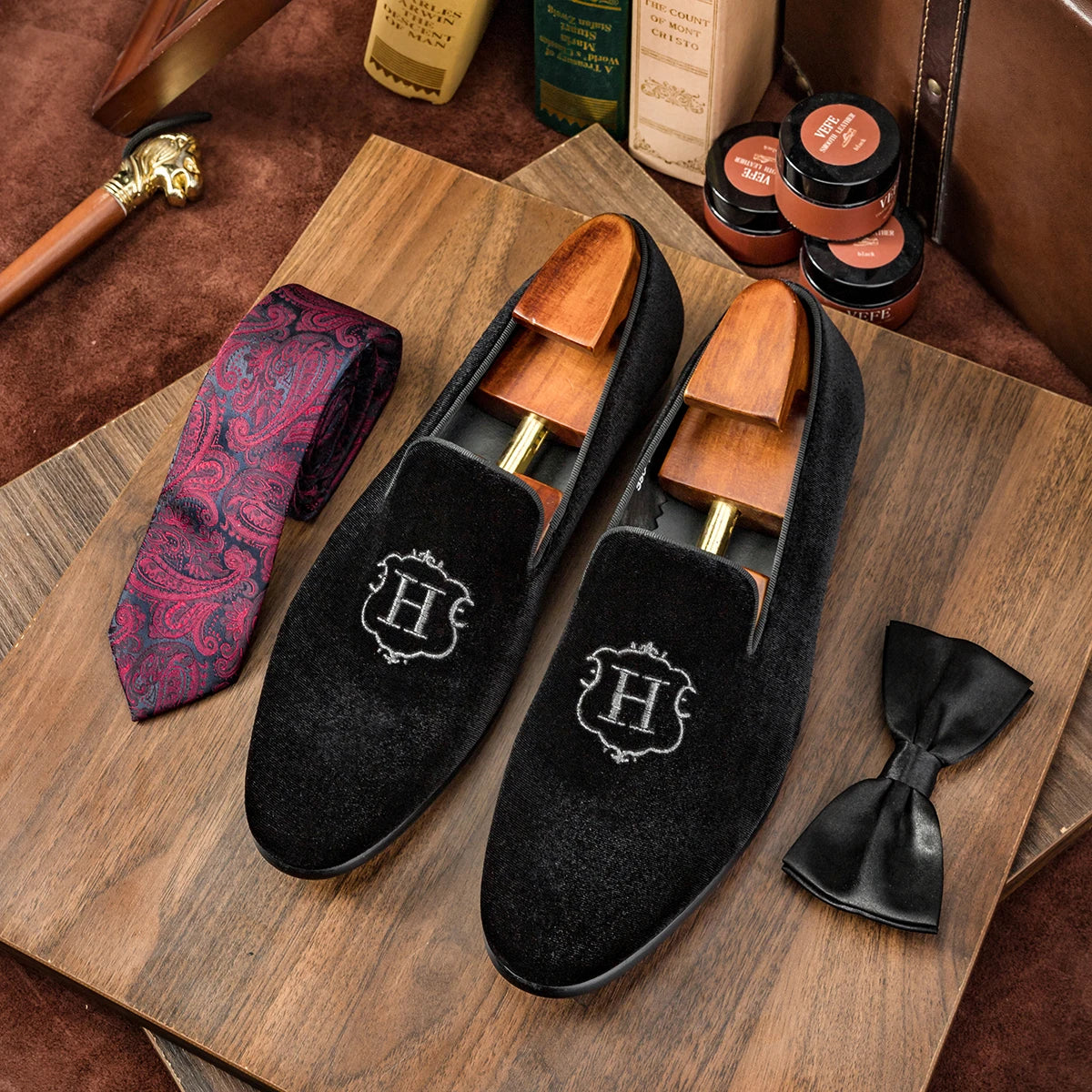 H Letter Embroidery Velvet Loafers