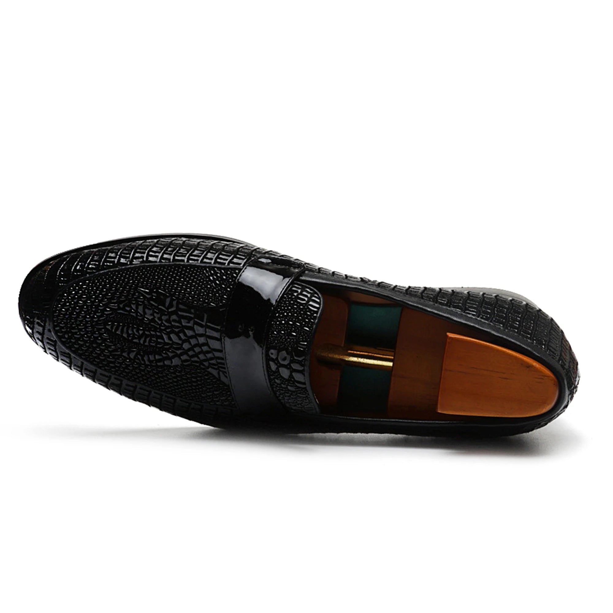 Black Shiny Crocodile Skin Leather Loafers