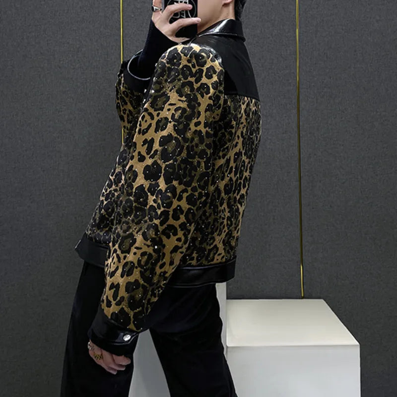 Leopard Rhinestone Spliced Leather Jacket