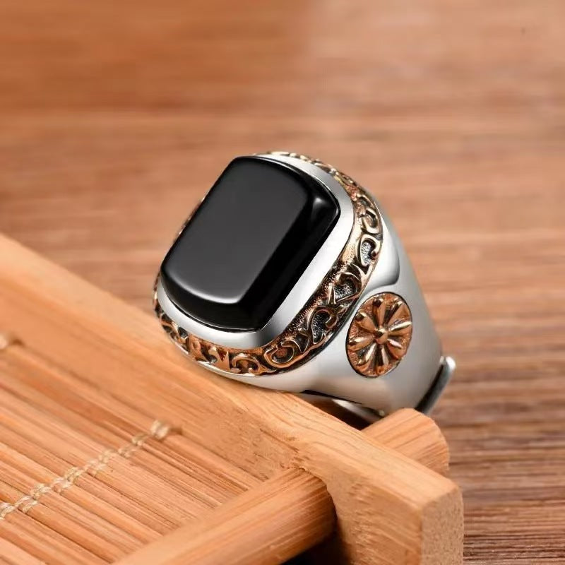 Silver Retro With Natural Black Onyx Stones Men Fashion Rings