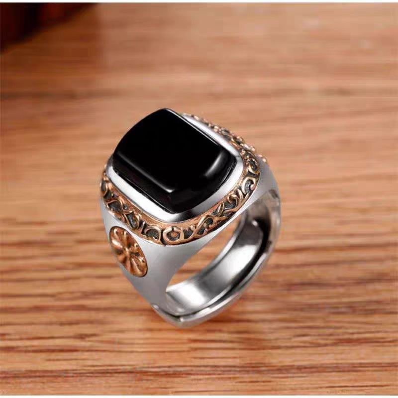 Silver Retro With Natural Black Onyx Stones Men Fashion Rings