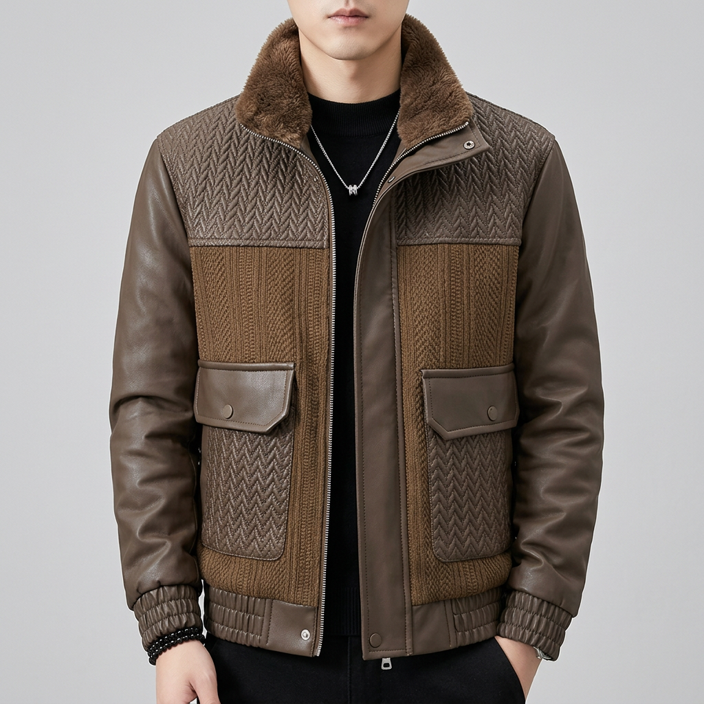 Woven Pattern Splicing Leather Casual Jacket
