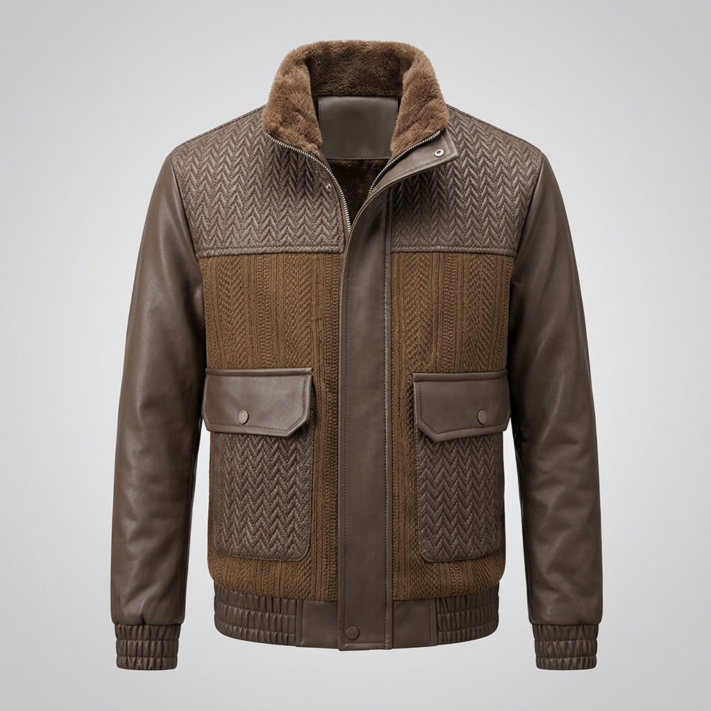 Woven Pattern Splicing Leather Casual Jacket