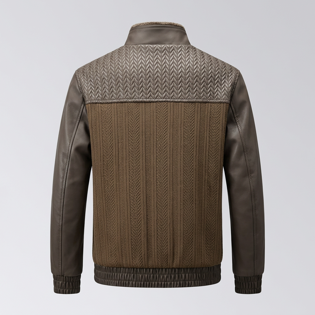 Woven Pattern Splicing Leather Casual Jacket