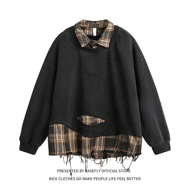 Plaid Letter Embroidery Patchwork Oversize Sweatshirt
