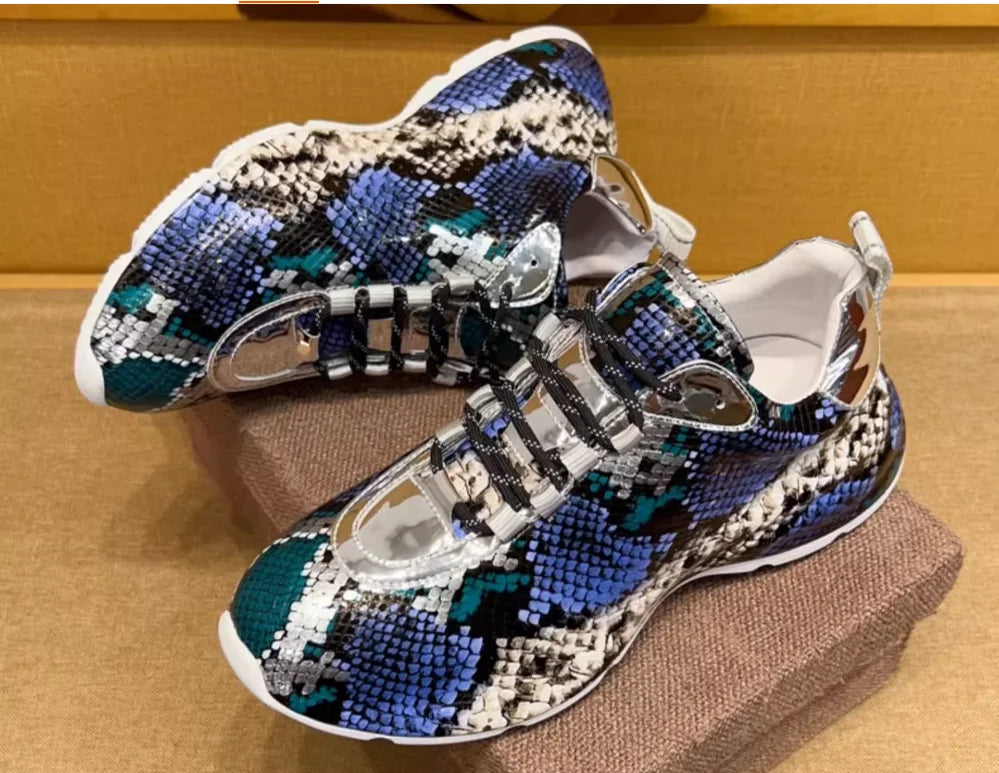 Snakeskin Leather Lace-Up Sneakers