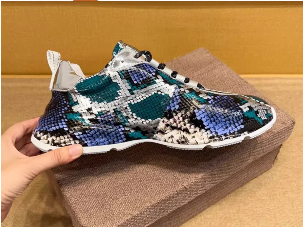 Snakeskin Leather Lace-Up Sneakers