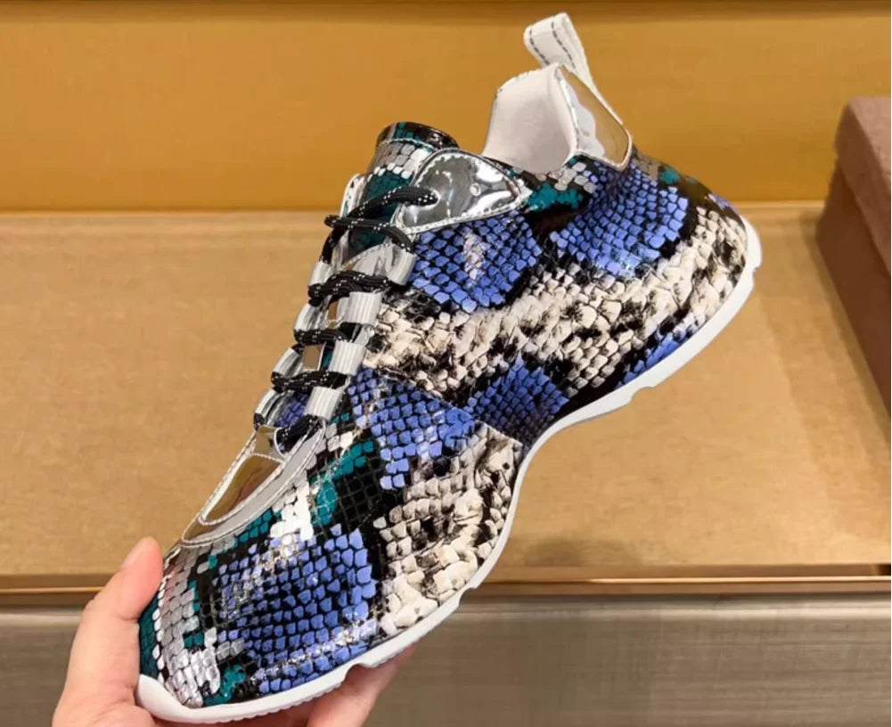 Snakeskin Leather Lace-Up Sneakers