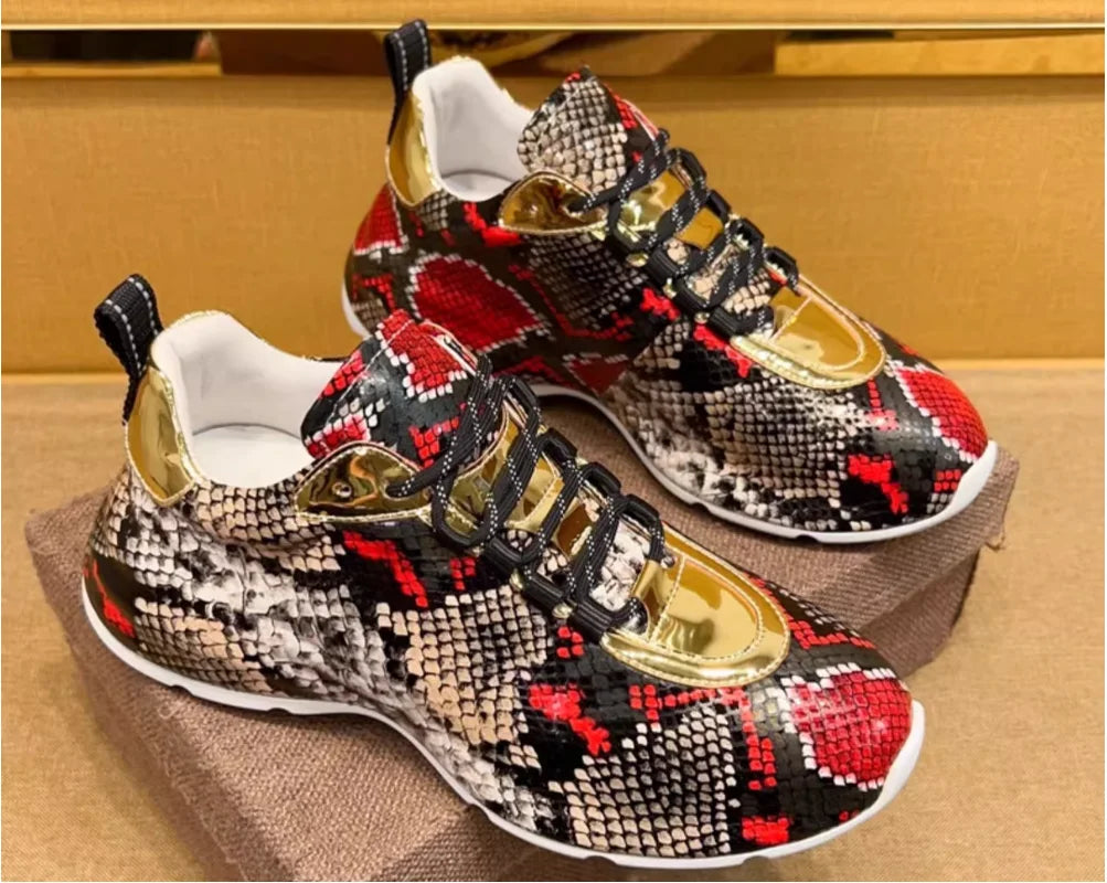 Snakeskin Leather Lace-Up Sneakers