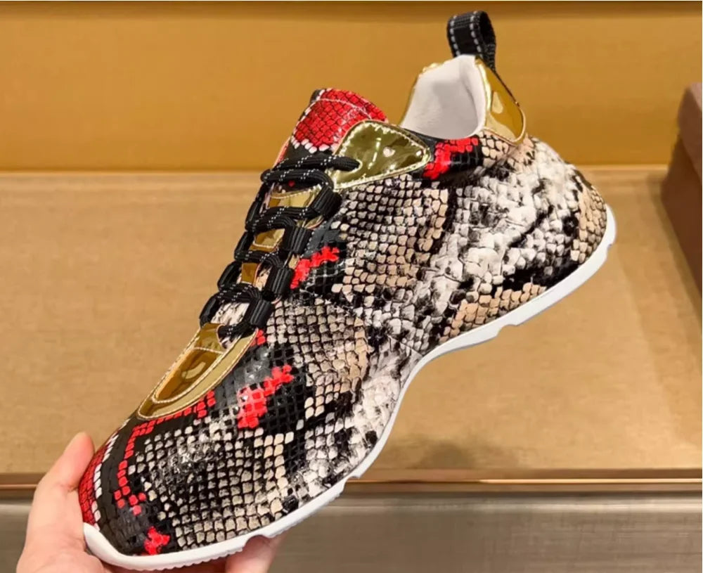 Snakeskin Leather Lace-Up Sneakers