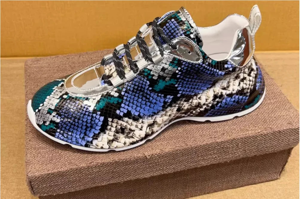 Snakeskin Leather Lace-Up Sneakers