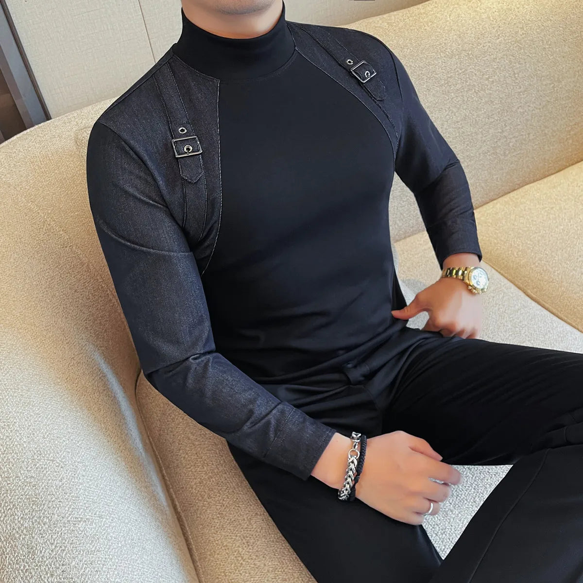 Strap Design Half High Collar T-Shirt